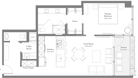 Floor plan for 1 bed, 1.5 baths, 880 sqft